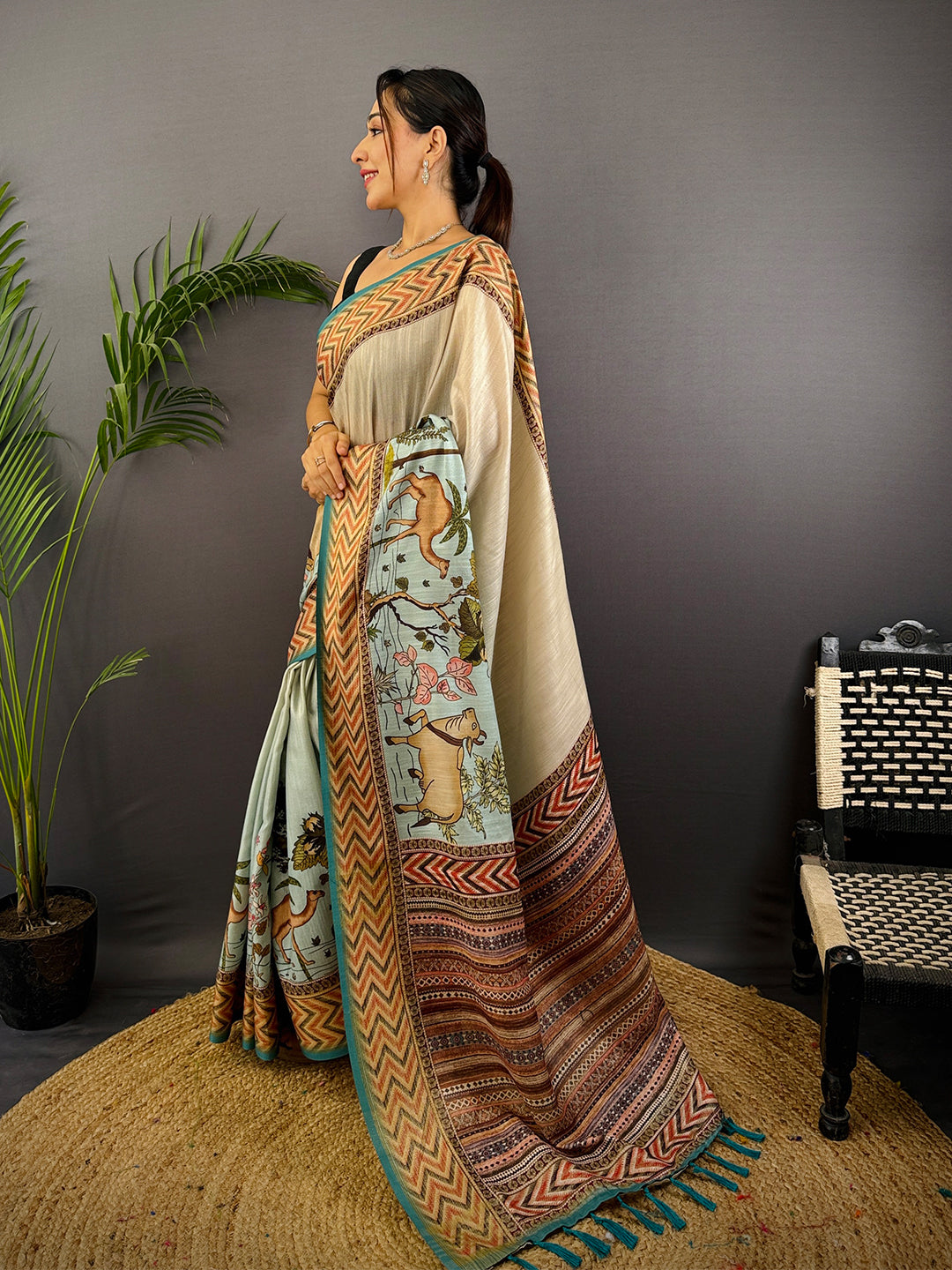 Ivory Linen Block Kalamkari Print Saree by My Store