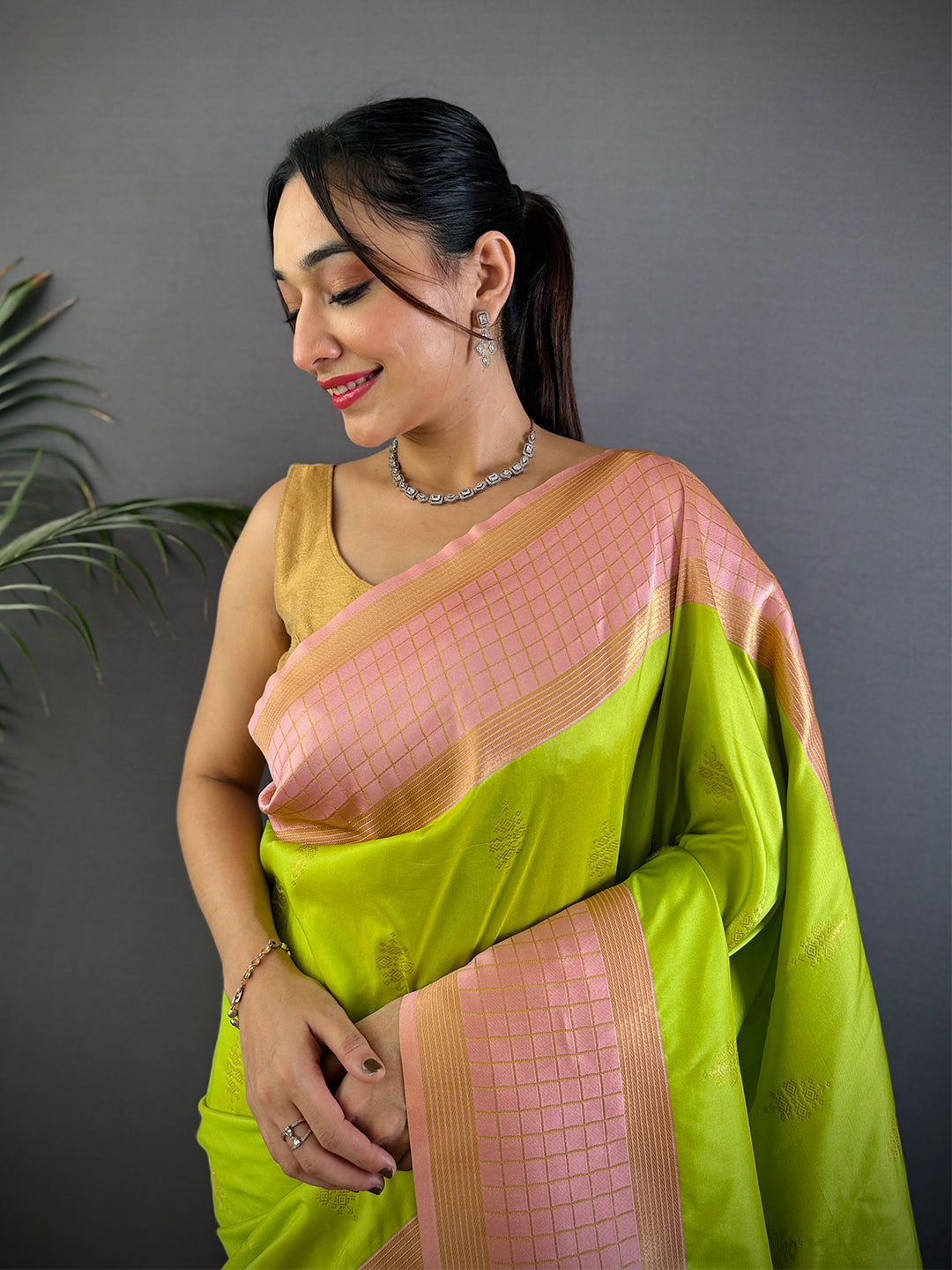 Green Kolam Zari Butta Soft Silk Saree by My Store