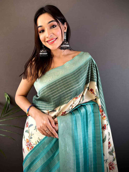 Pastel Teal Soft Crepe Silk Digital Ombre Saree by My Store