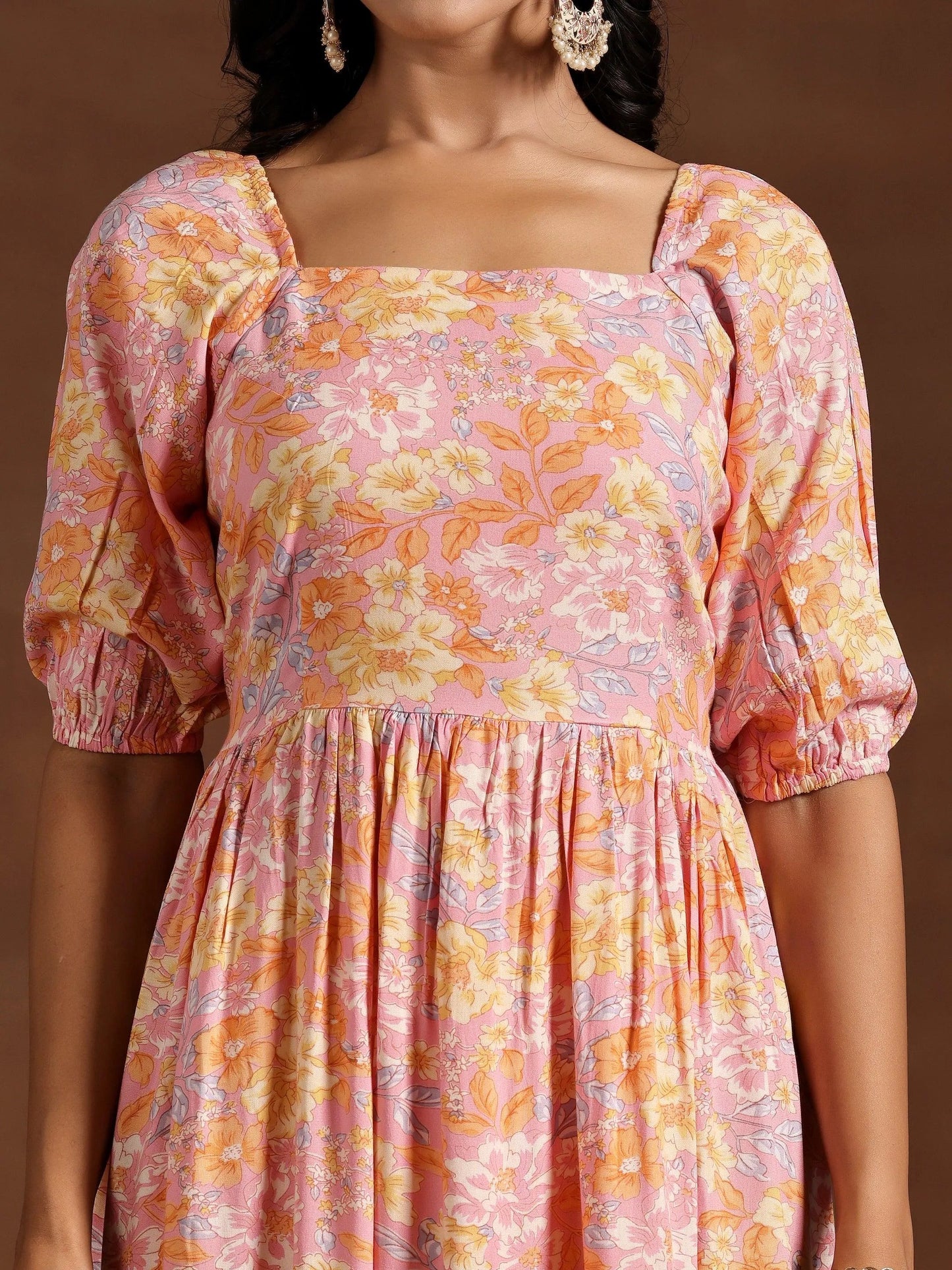 Peach Printed Rayon Fit and Flare Dress by My Store