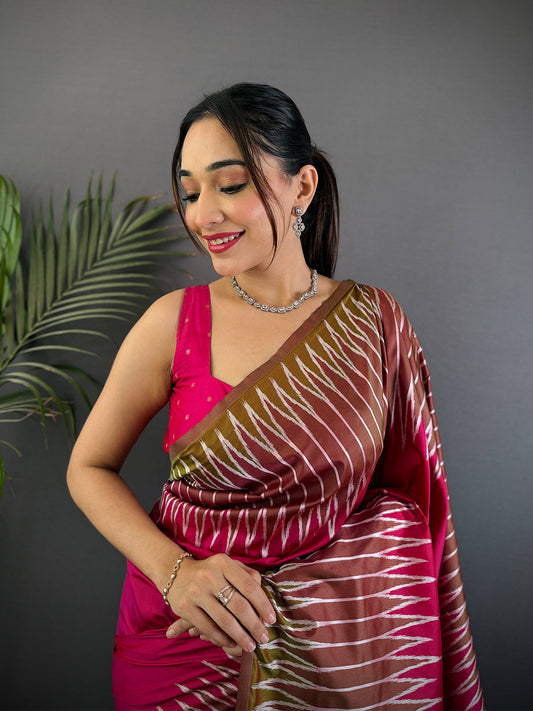 Peach Soft Silk Ikkat Zari Weaving Saree by My Store