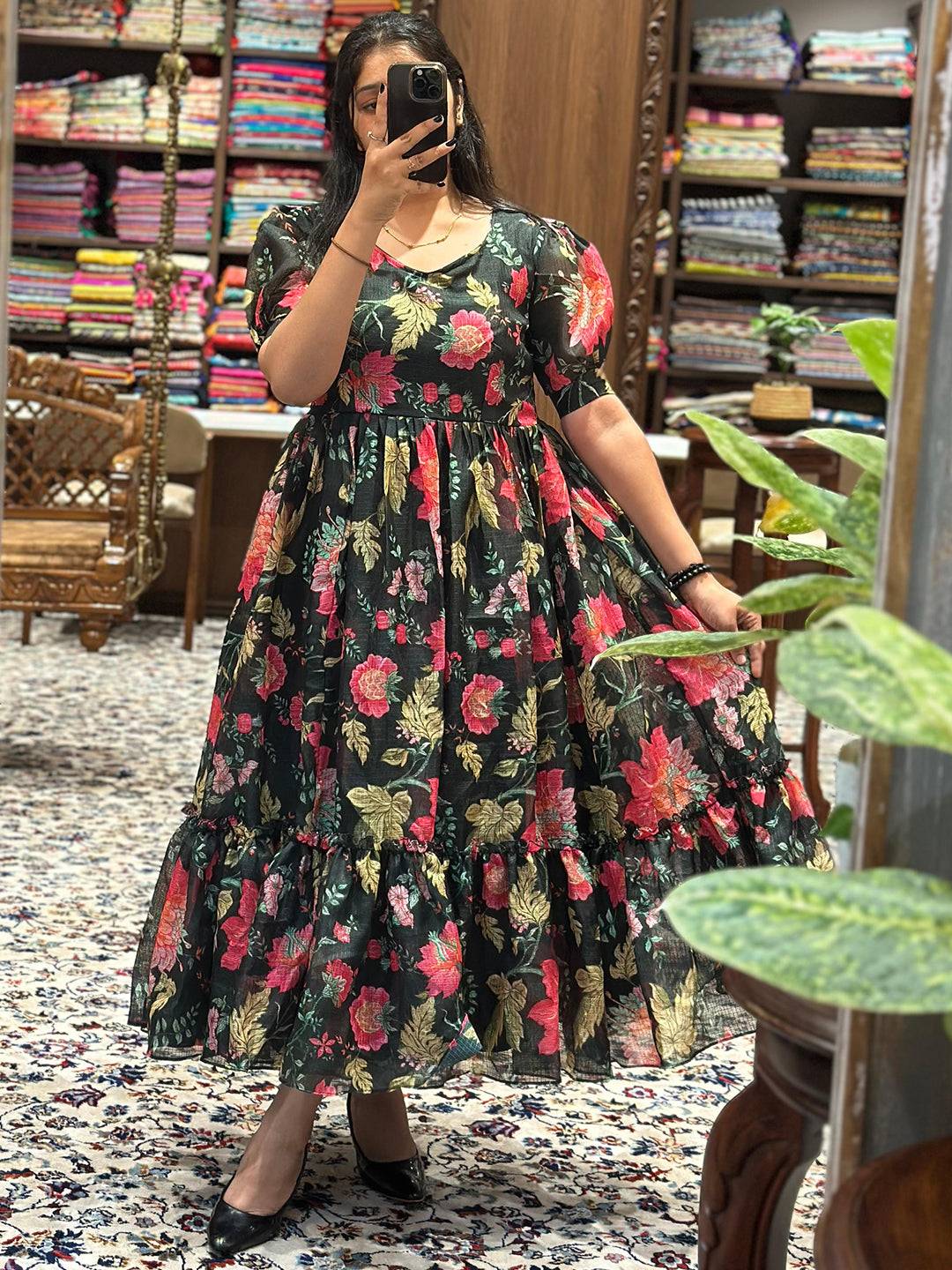 Revan Black Floral Print Midi Dress by My Store