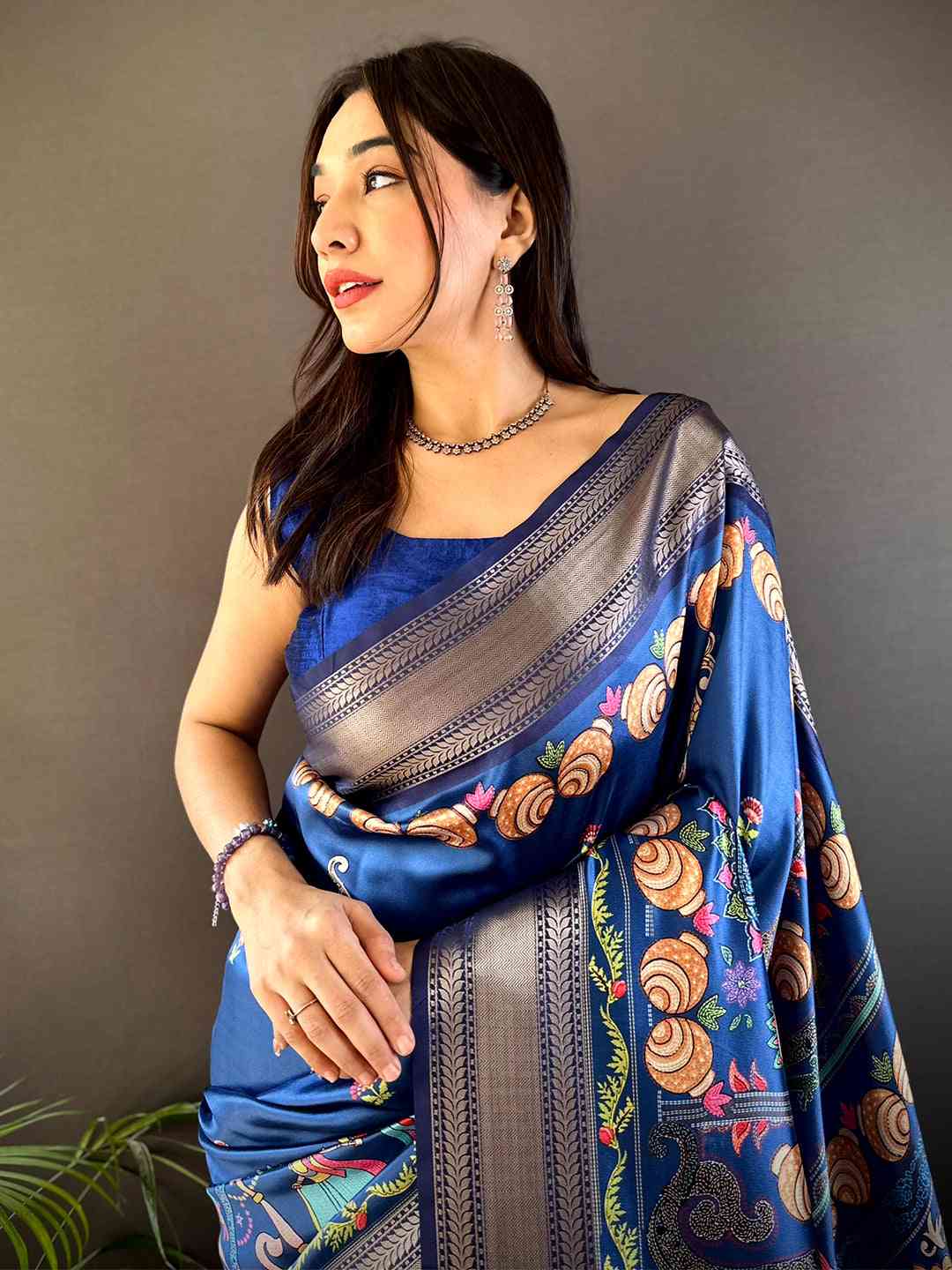 Light Blue Mughal Kalamkari Print Pashmina Saree by My Store