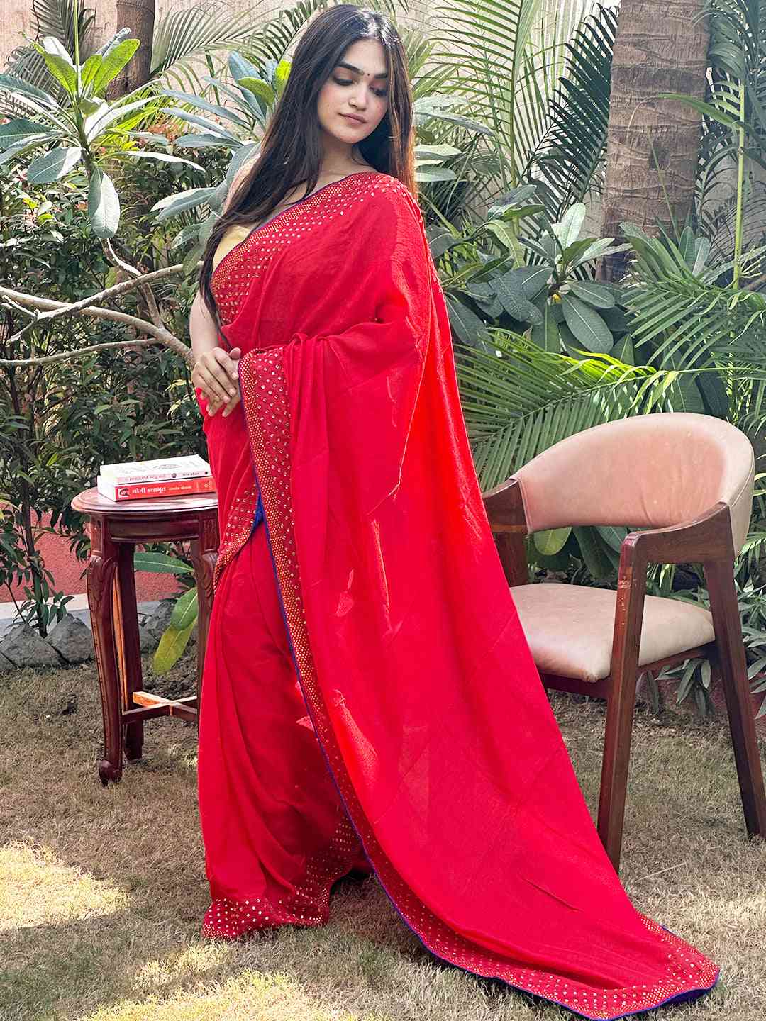 Red colour Vichitra Silk Saree With Embellish Swarovski Stone work by My Store