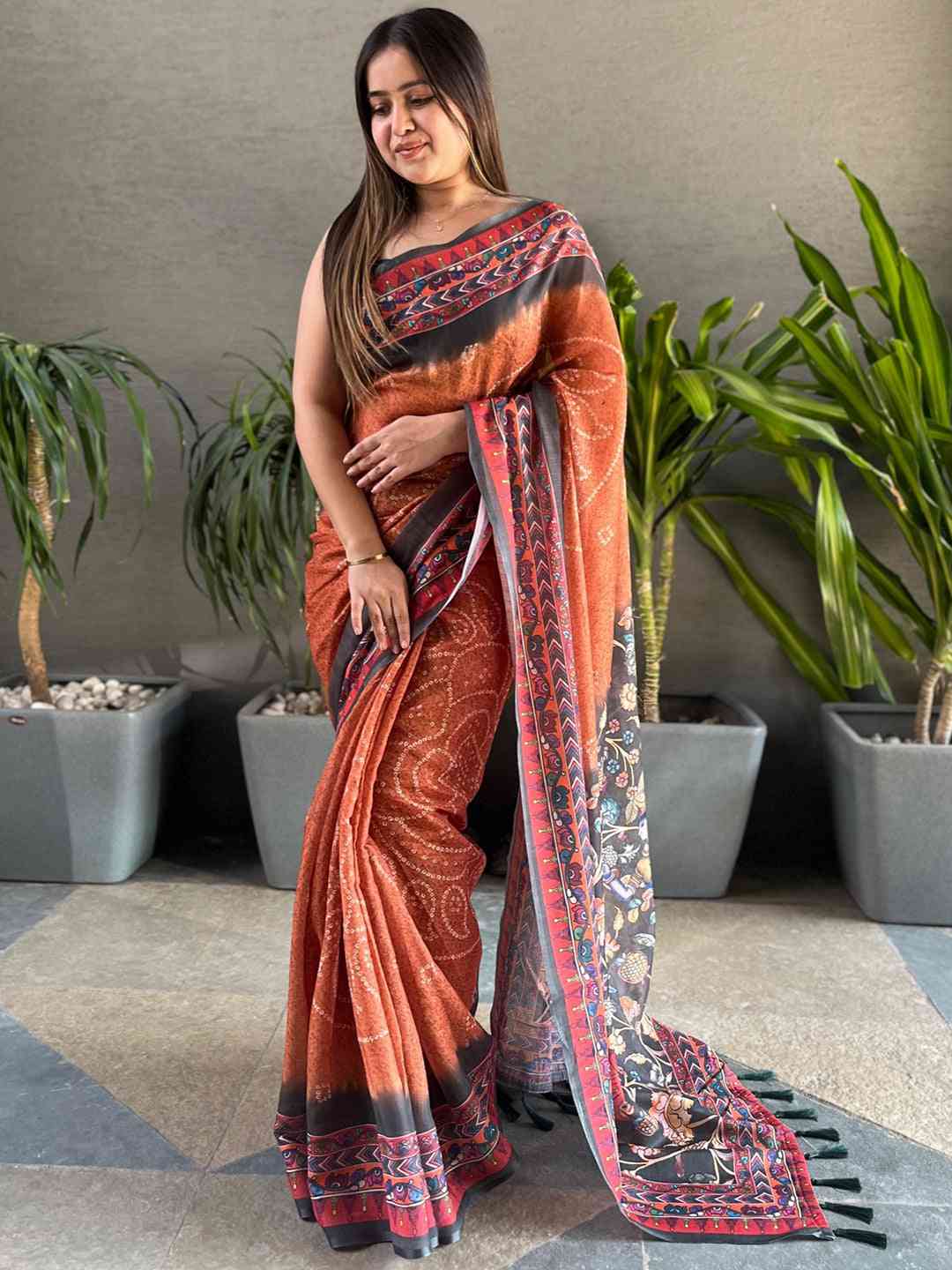 Orange Colour Design Linen Saree with Bandhej and kalamkari Digital Print
