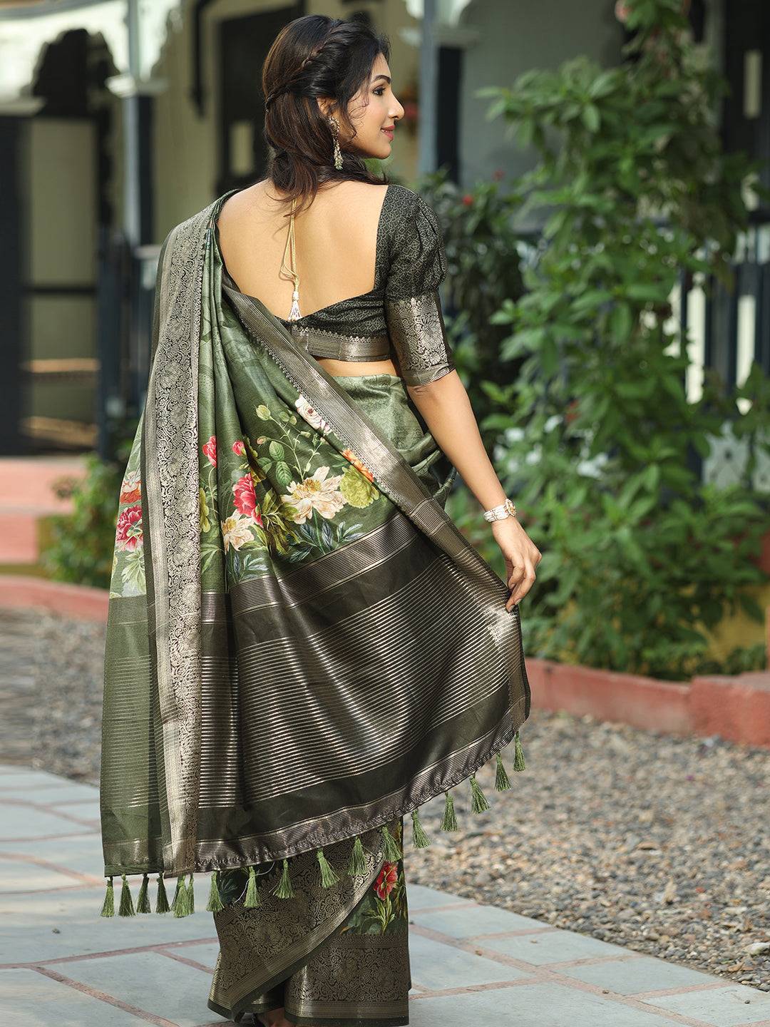 Dark Green Colour Pure Viscose Dola Silk Floral Print Saree - Luxe by My Store