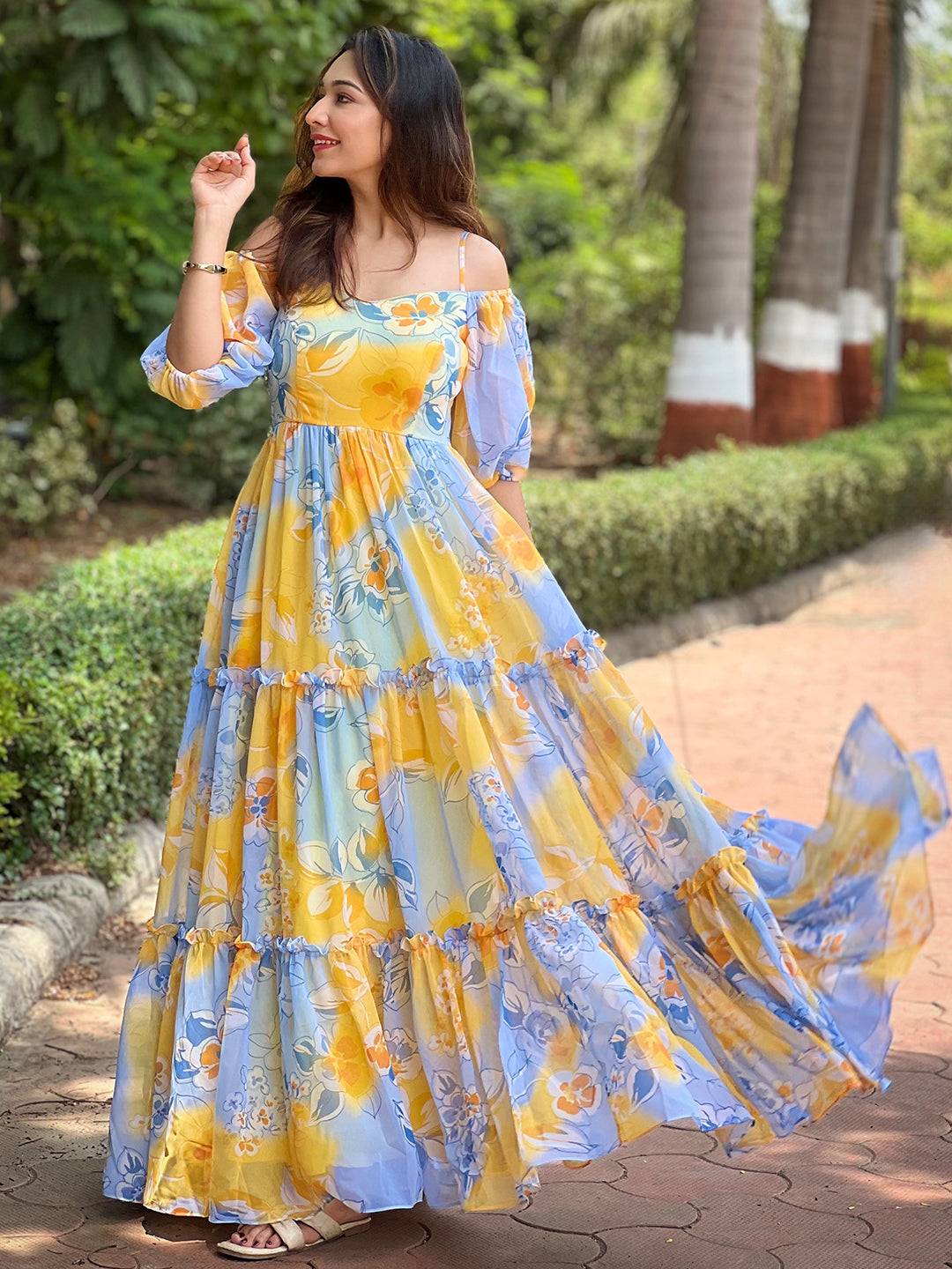 Masha Yellow Floral printed Dress by My Store