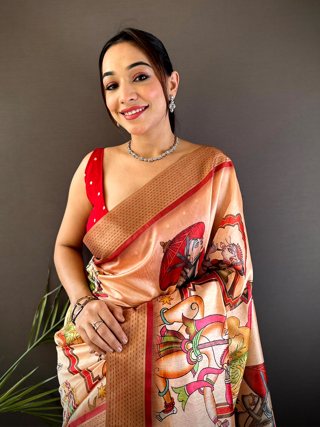 Peach Digital Kalamkari Printed Tussar Silk Saree by My Store