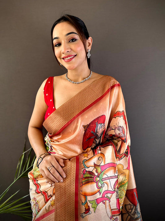 Peach Digital Kalamkari Printed Tussar Silk Saree by My Store