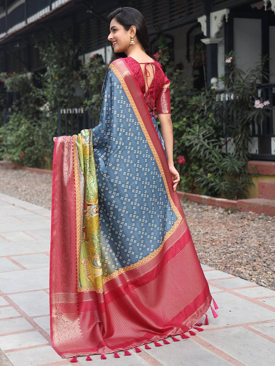 Blue Pure Viscose Dola Silk Saree with Exquisite Bandhej Print - Luxe