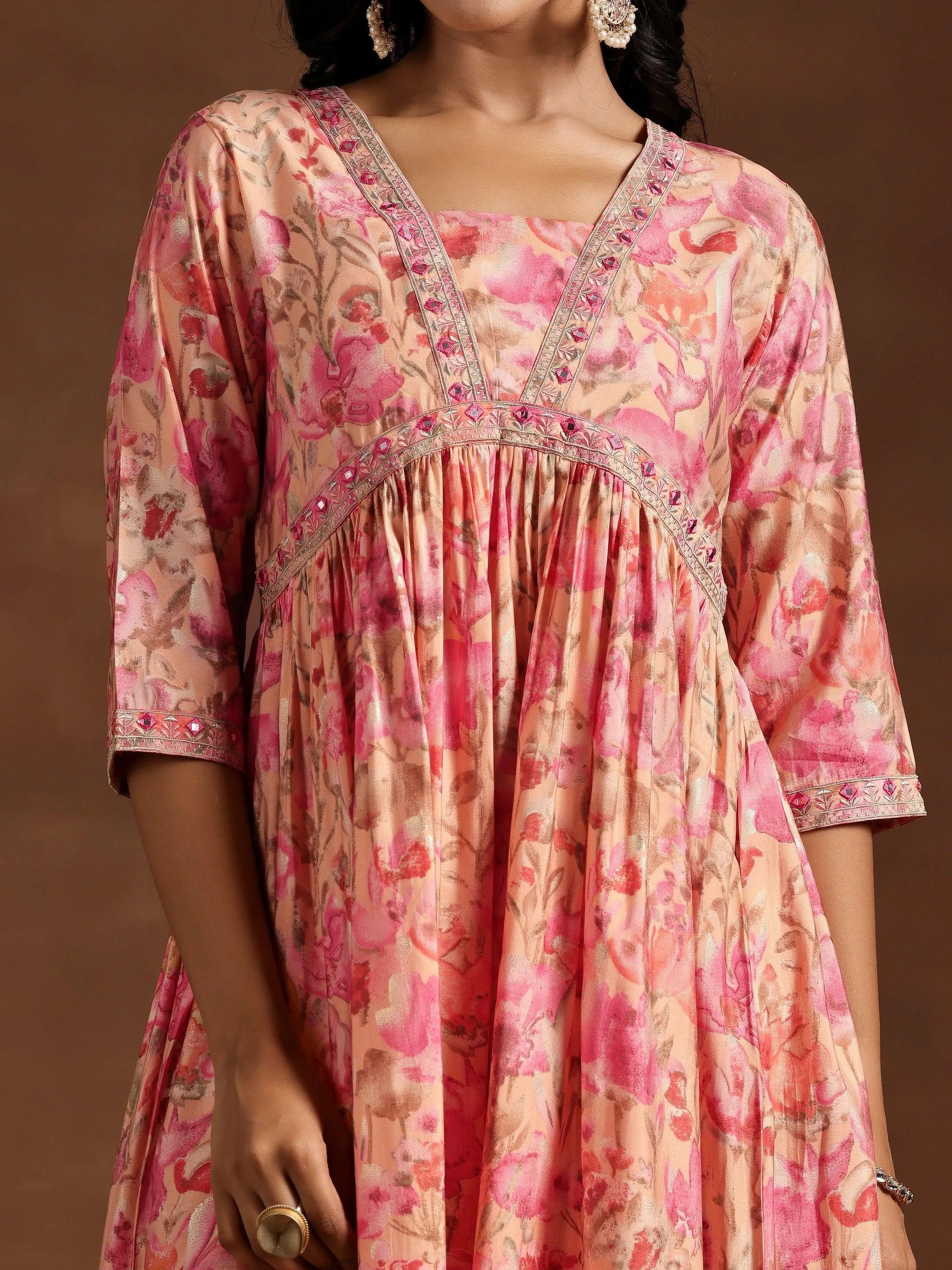 Orange Printed Silk Fit and Flare Dress by My Store