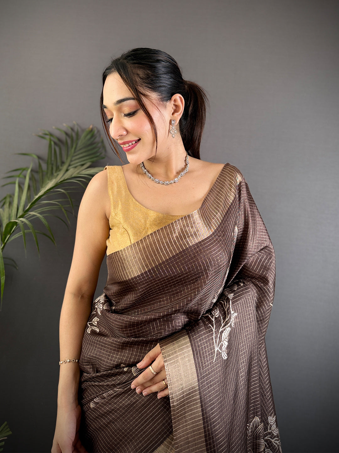 Floral Printed Coffee Brown Chanderi Saree