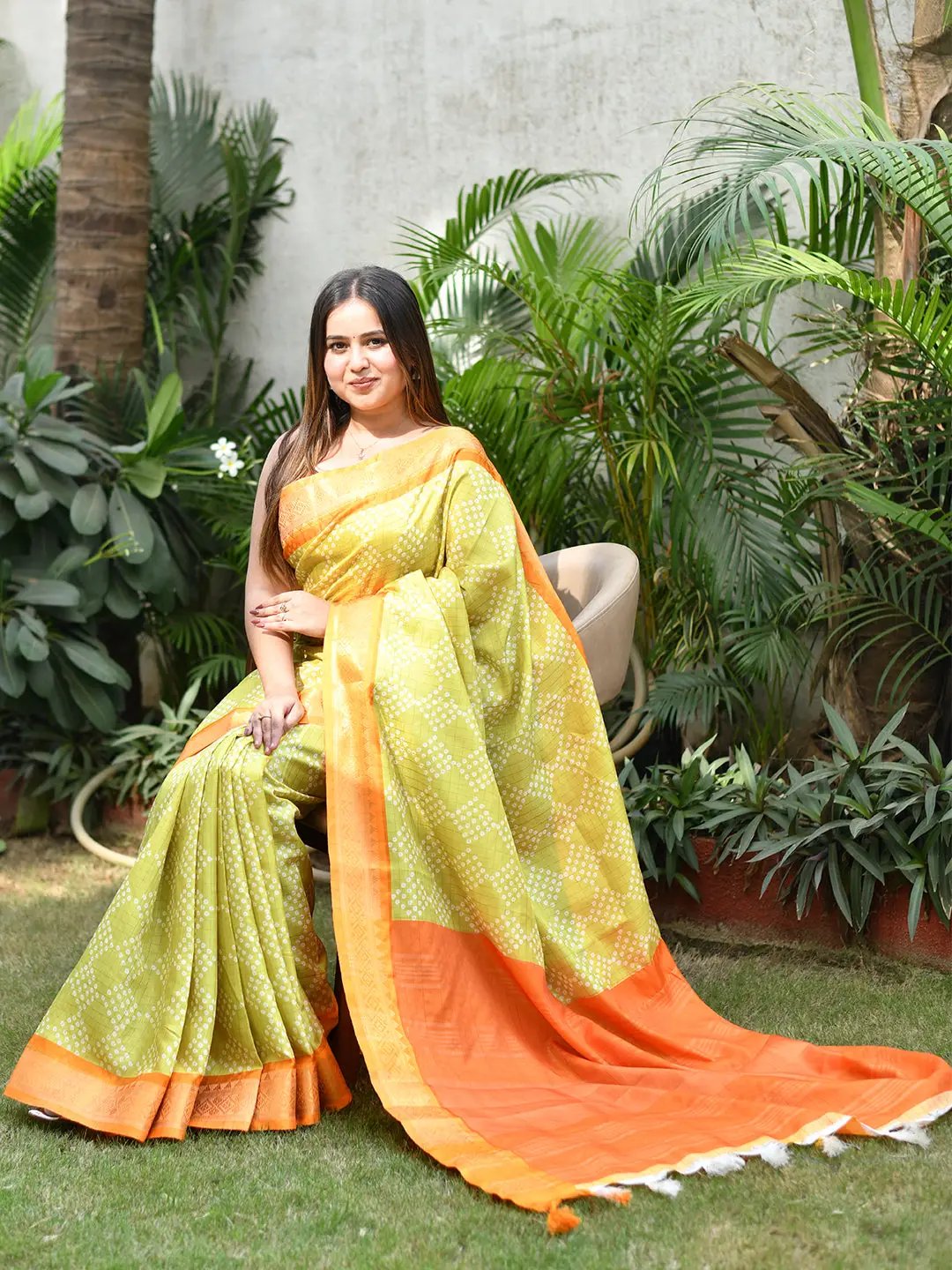 Lime Colour Soft Silk Bandhej Print Saree