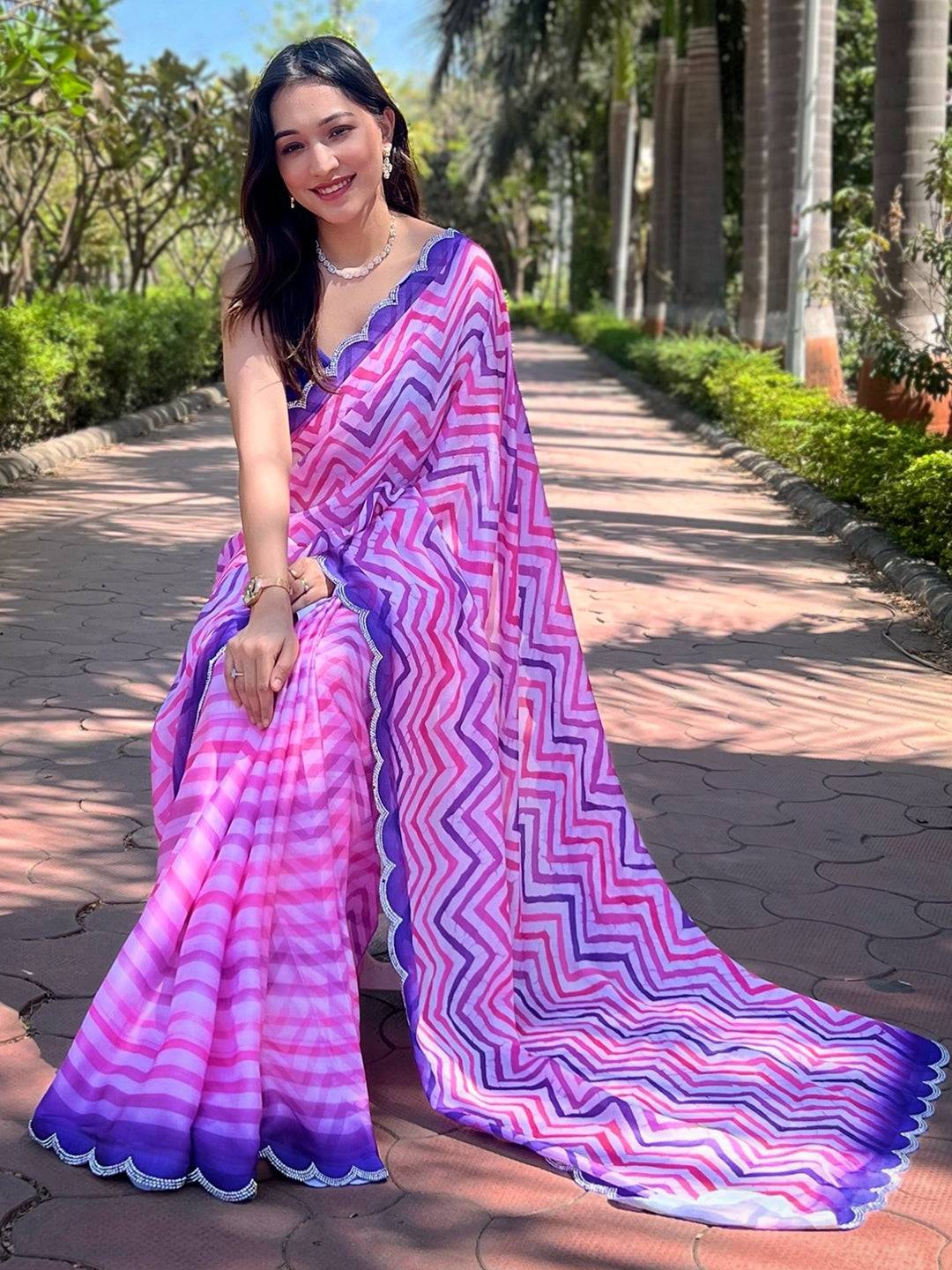 Trendy Leheriya And Striped Print Saree