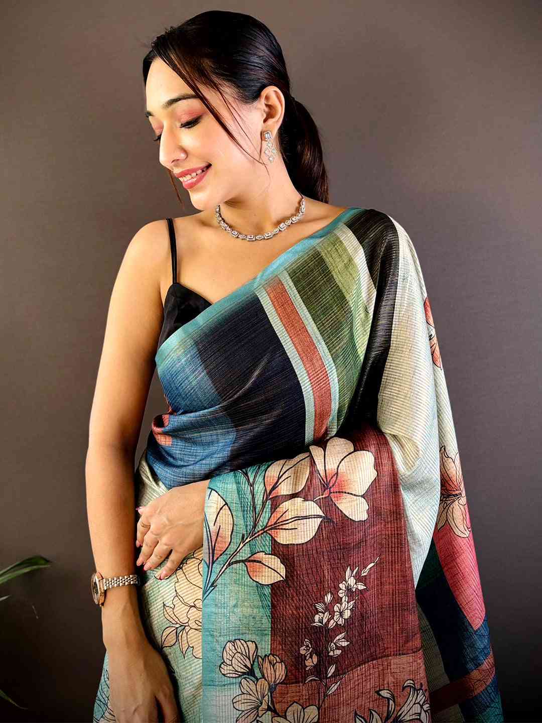 Multi Tussar Zari Floral Saree by My Store