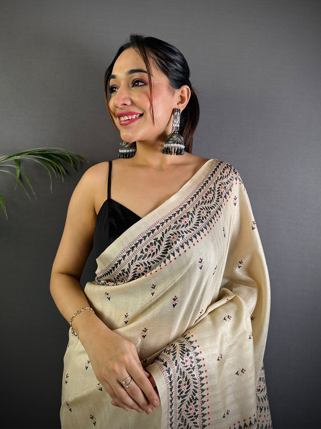 Cream Tussar Silk Madhubani Print Saree by My Store