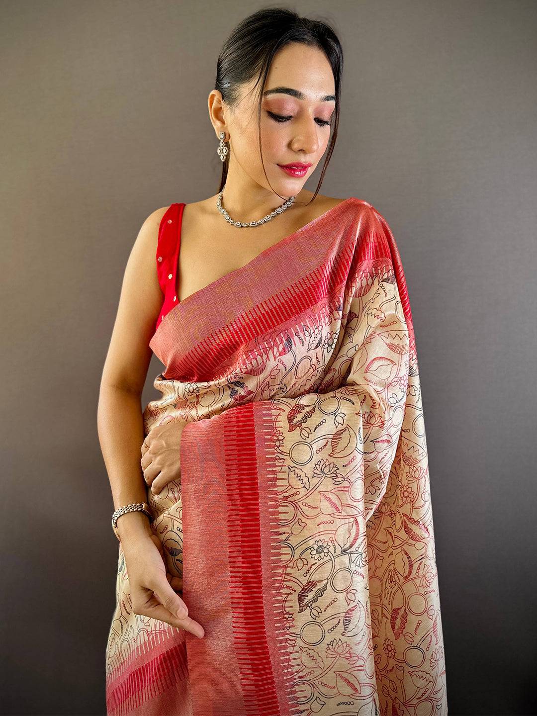 Off White Floral Tussar Silk Saree by My Store