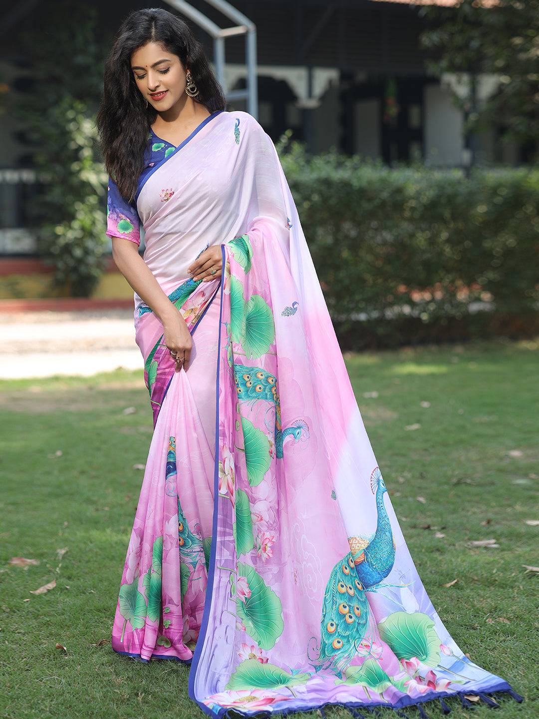 Satin Georgette Pink Colour Hand Print Saree - Luxe by My Store