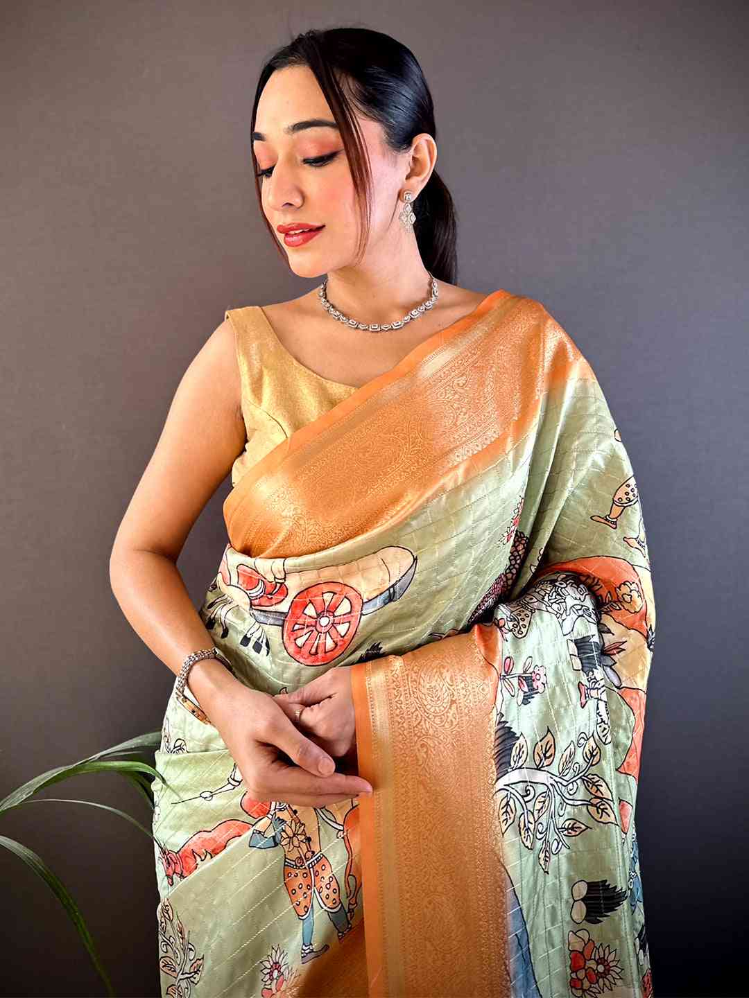 Pista Soft Silk Gold Zari Kalamkari Chex Saree by My Store