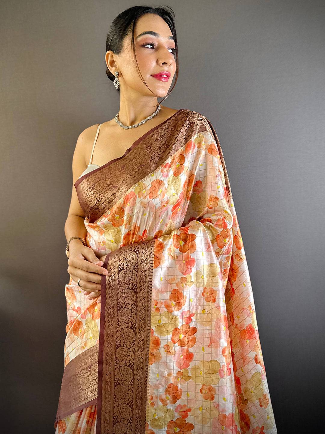 Sunset Orange Floral Saree by My Store