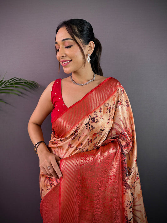 Peach Cherry Satin Kalamkari Saree by My Store