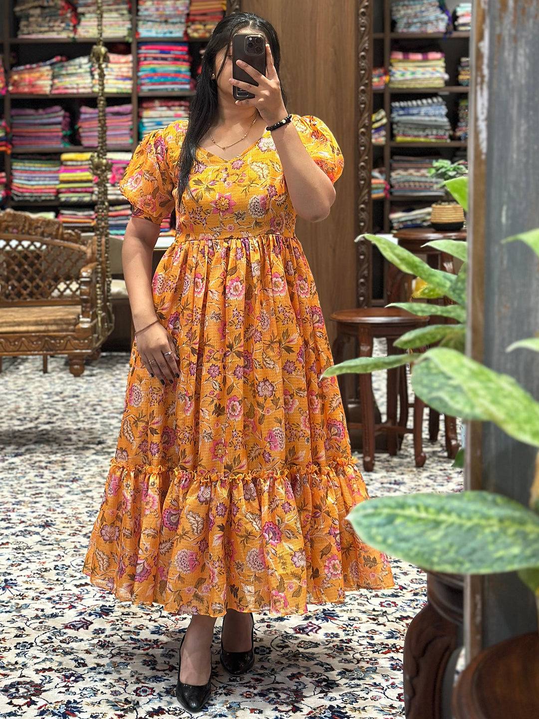 Sunset Yellow V Neck Midi Dress by My Store