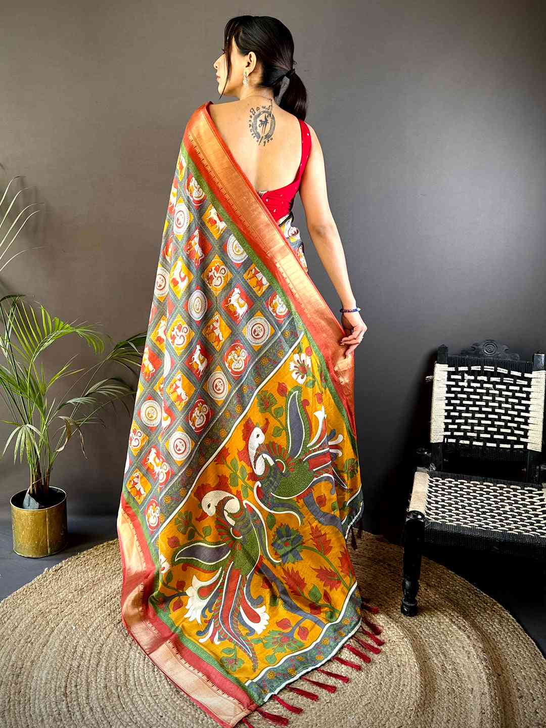 Grey Soft Silk Kalamkari Check Floral Print Saree by My Store