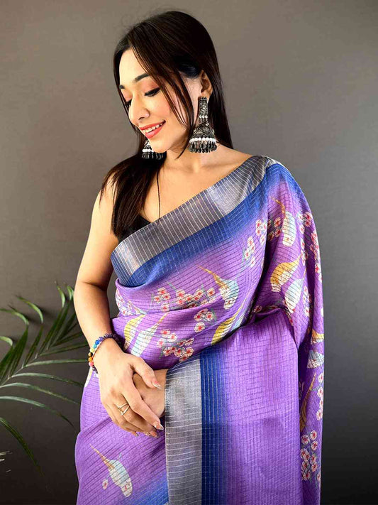 Lavender Chanderi Check Sparrow Print Saree by My Store
