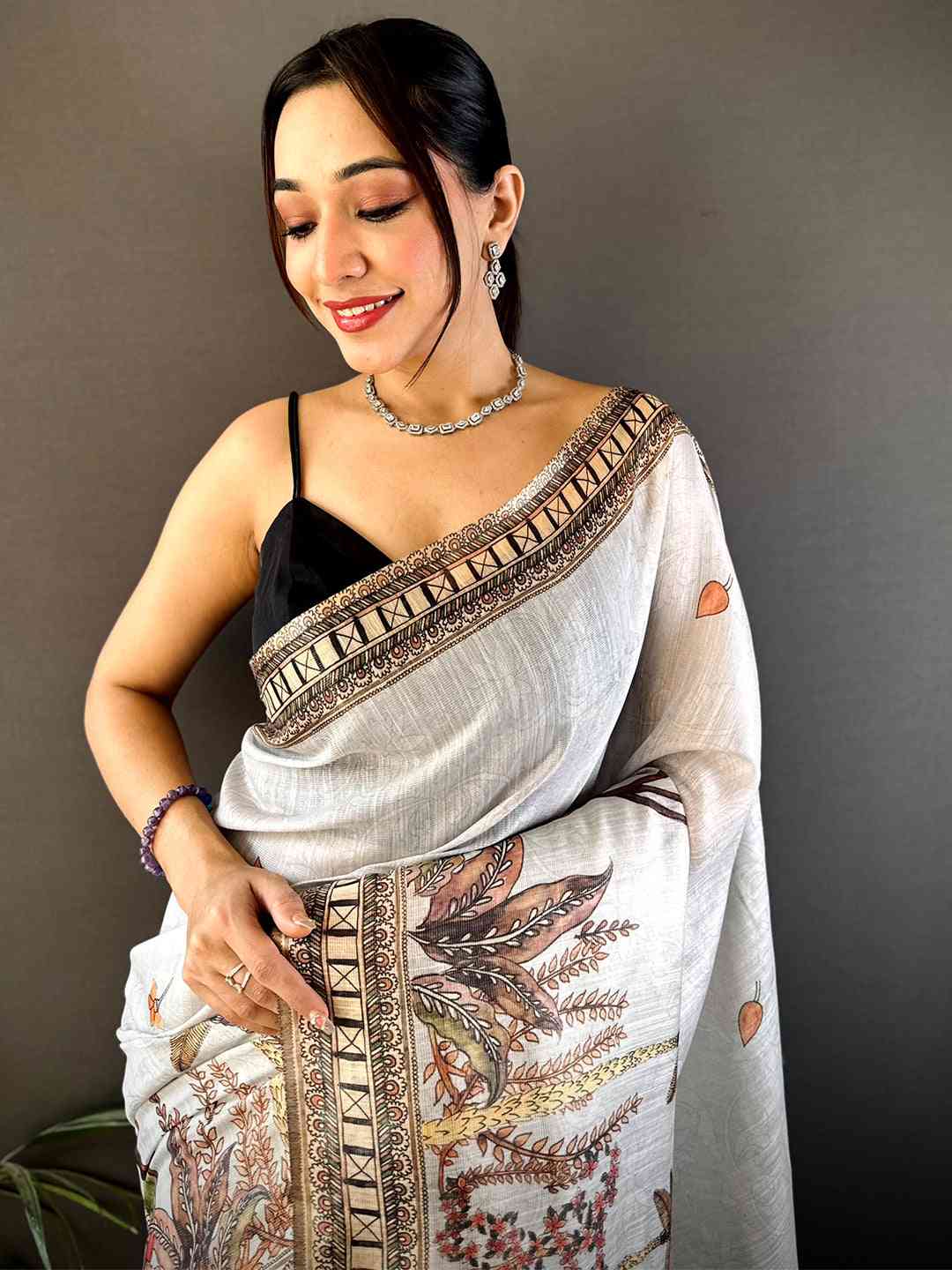 Grey Tissue Floral Leaf Print Saree by My Store