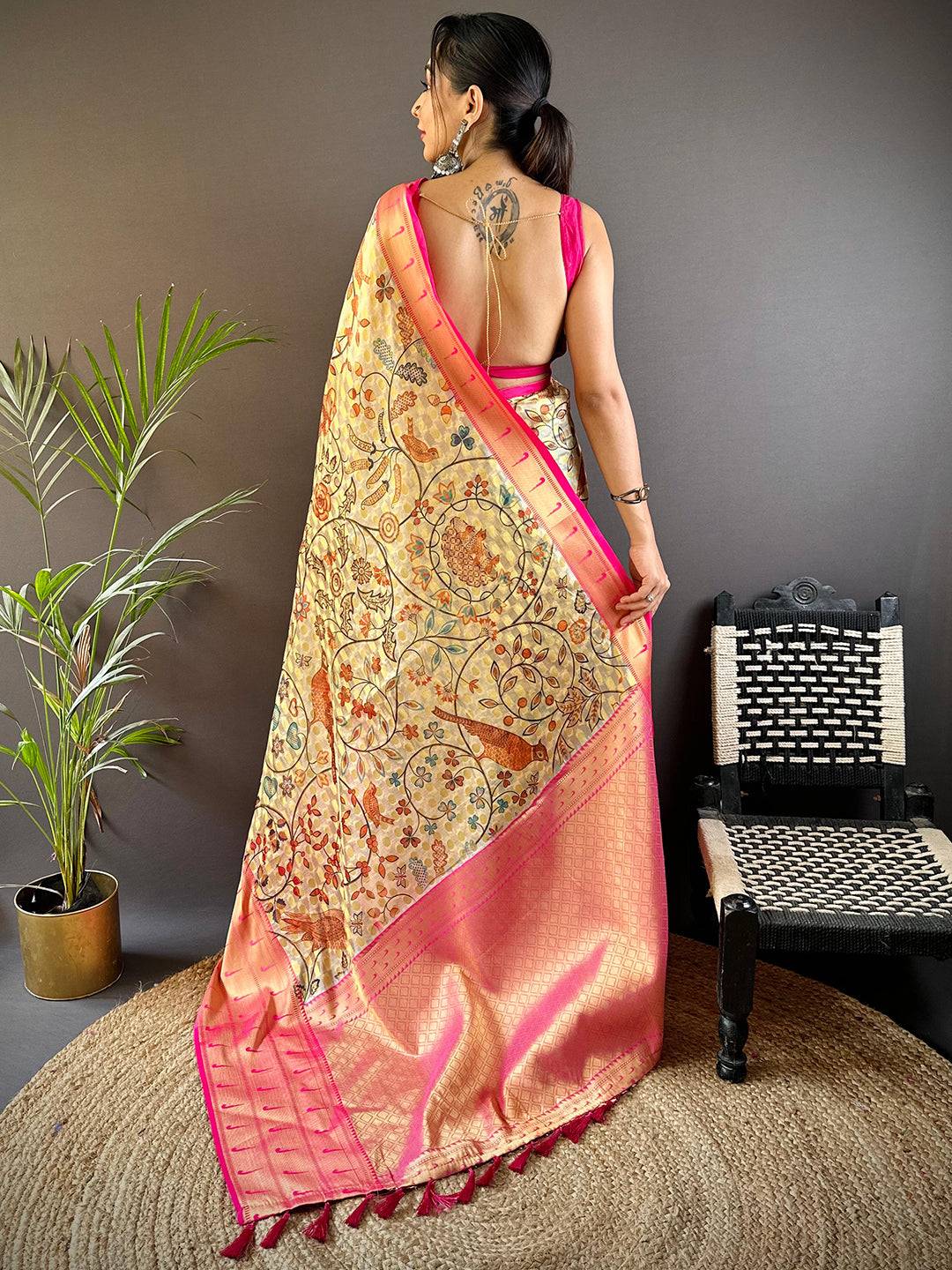 Golden Beige Paithani Kora Silk Saree by My Store