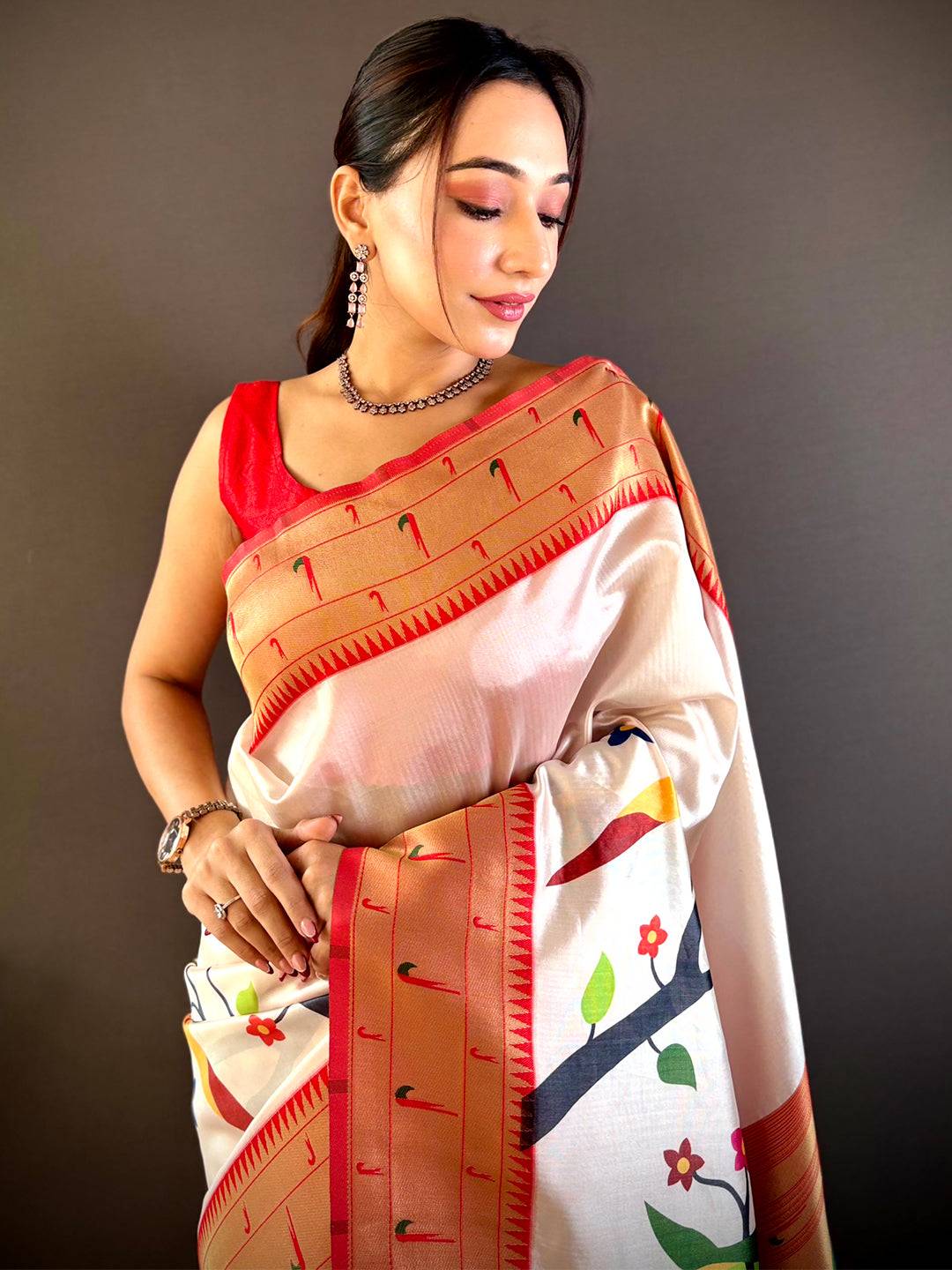 Daisy White Minakari Soft Silk Saree by My Store