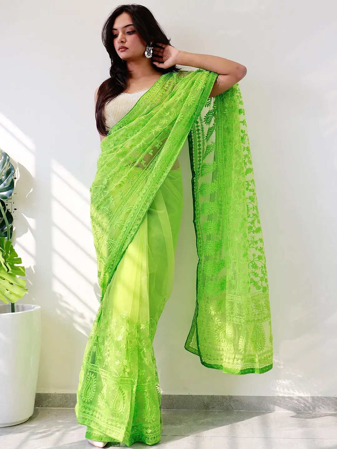 Elegant Saree Adorned with Ethnic Motifs, Intricate Threadwork, and Embellished Borders by My Store