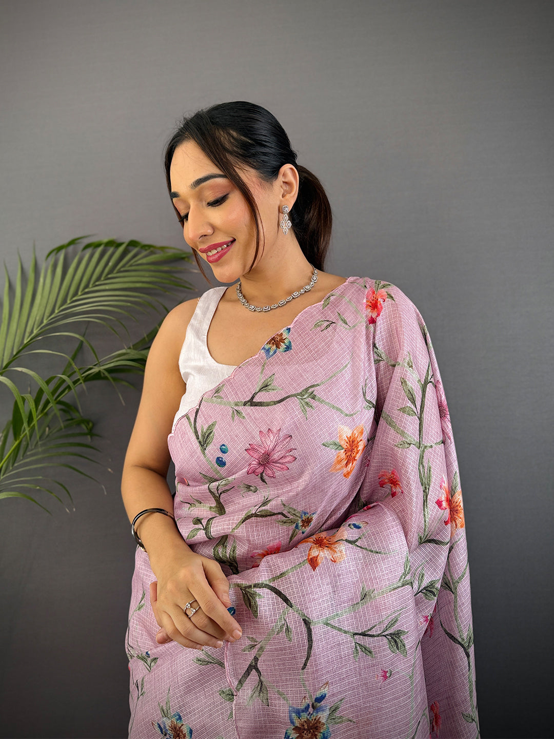 Light Lavender Soft Kota Floral Print Saree by My Store