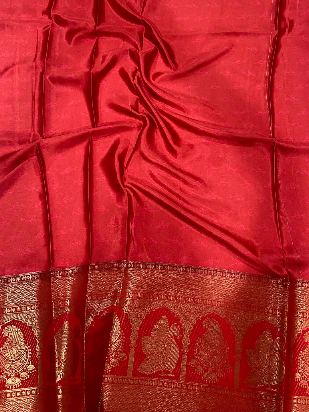Radiance Soft Cherry Satin Kalamkari Print Saree by My Store