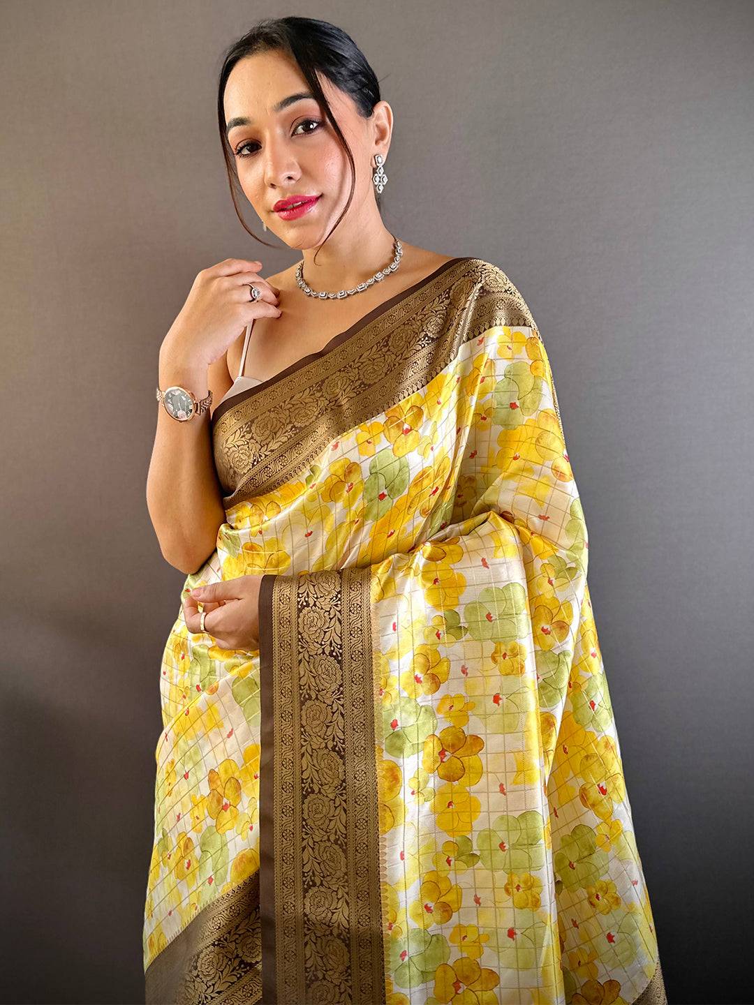Sunshine Yellow Floral Saree by My Store