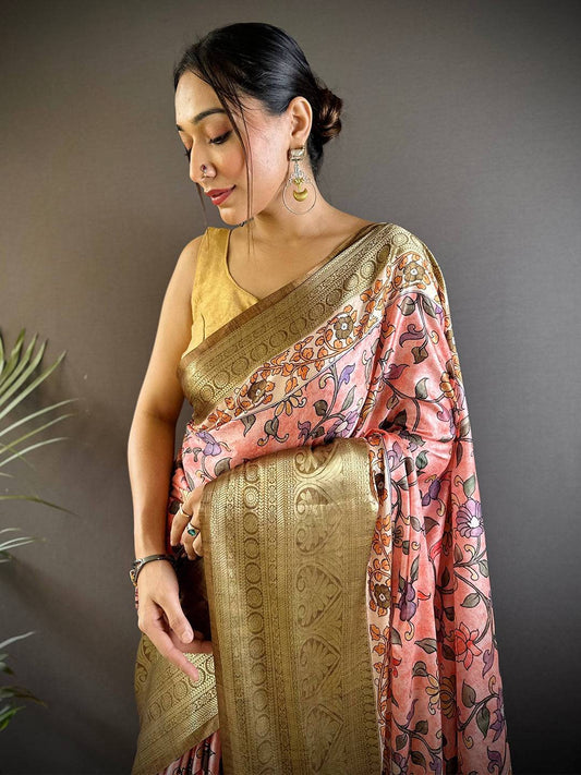 Peach Floral Kalamkari Print Saree by My Store