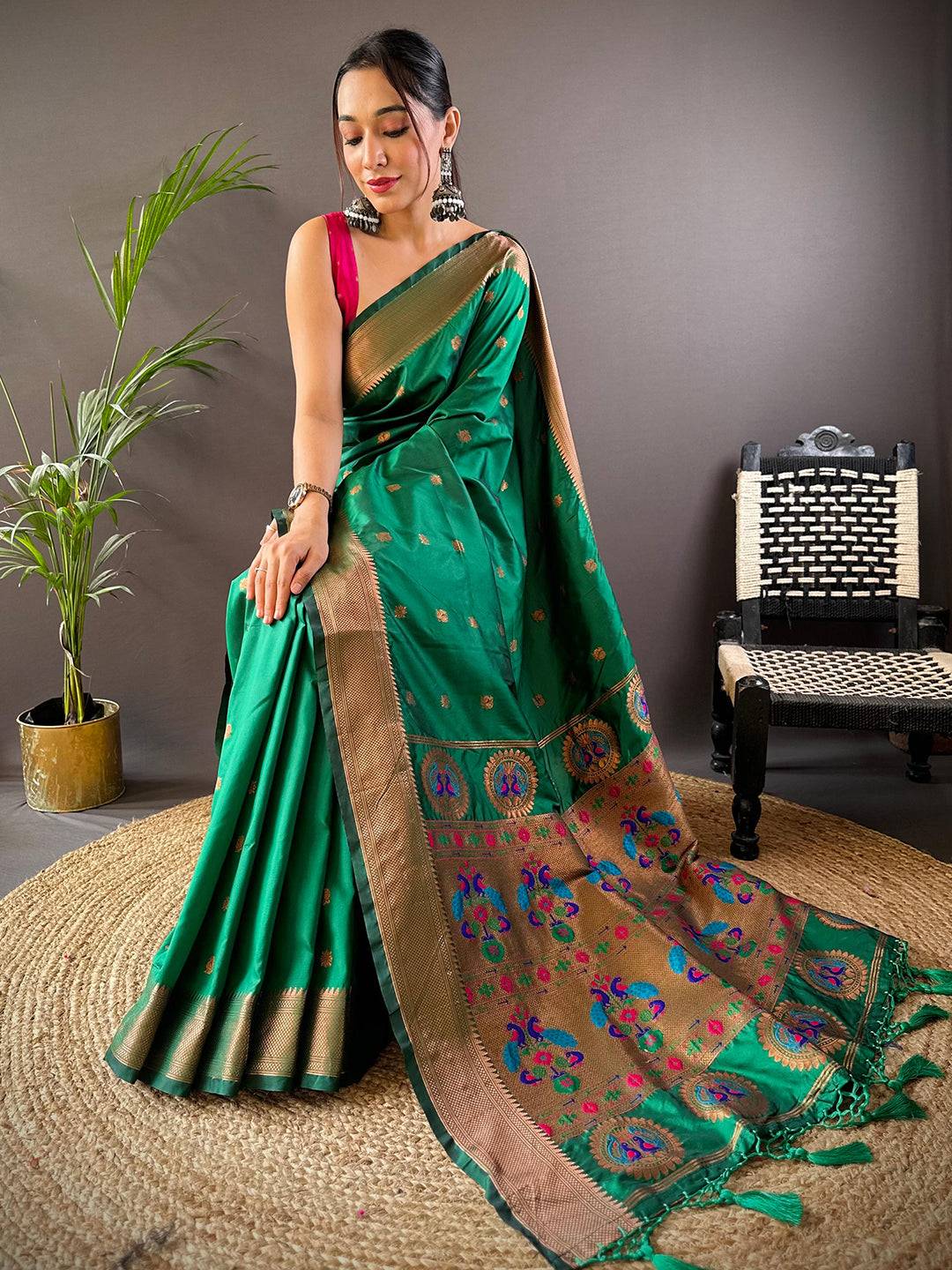 Jade Green Copper Elegance Soft Silk Saree by My Store