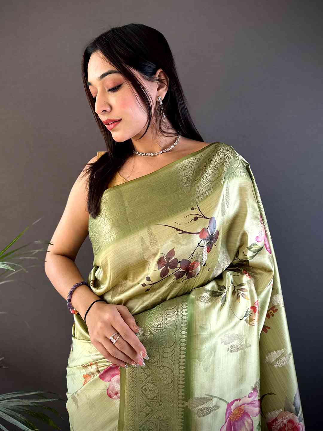 Olive Bamboo Silk Floral Saree by My Store