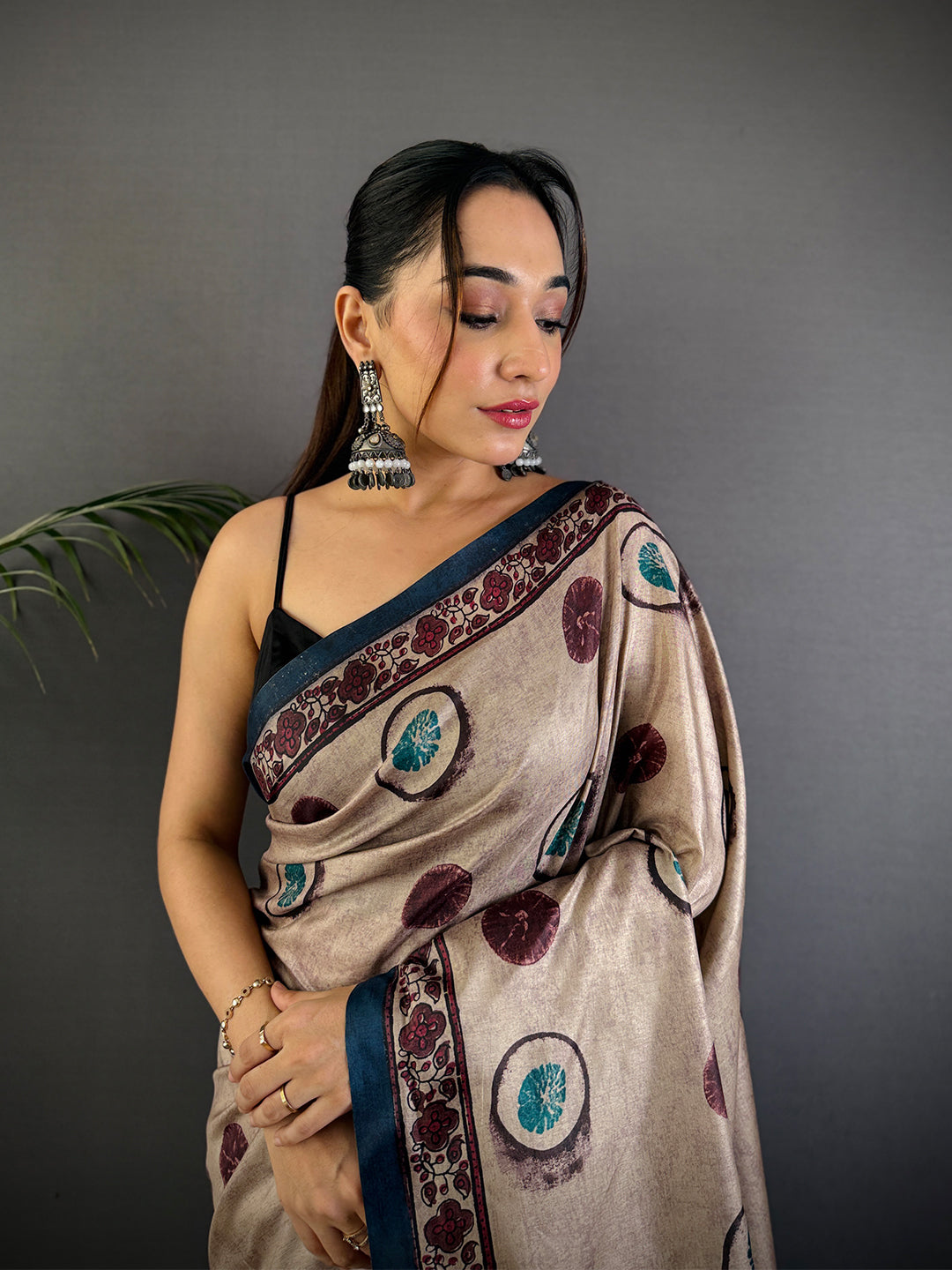 Tan Soft Dola Silk Printed Saree by My Store