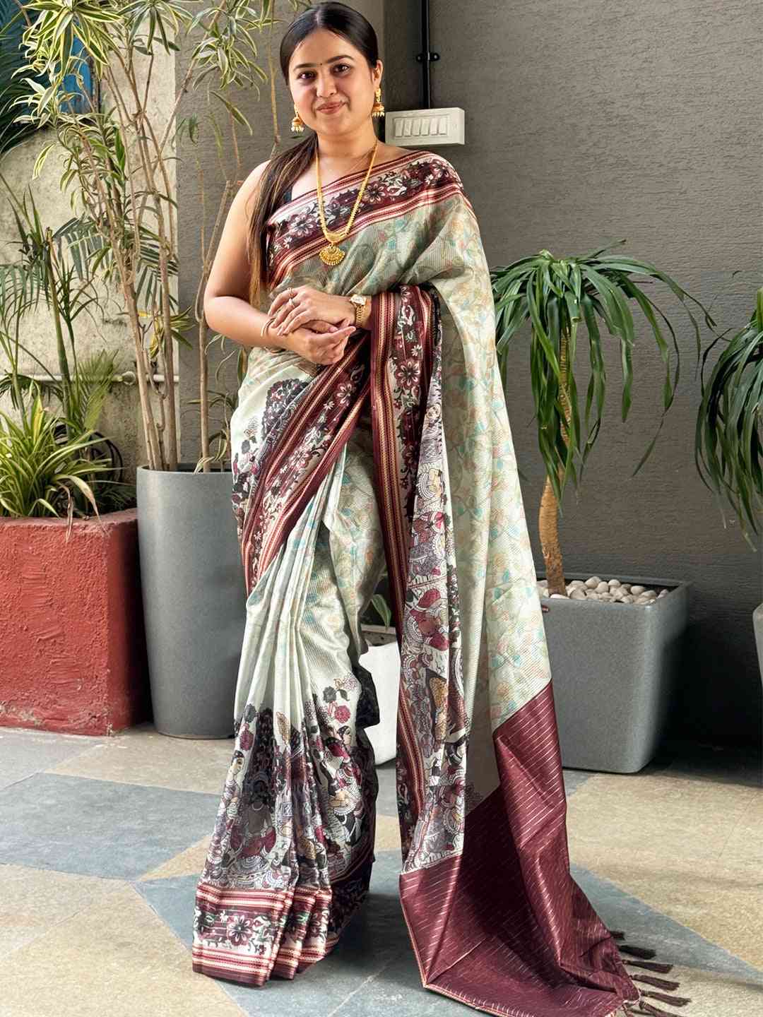 Pista Colour Satin Kota Doria Digital Kalamkari Zari Pallu by My Store