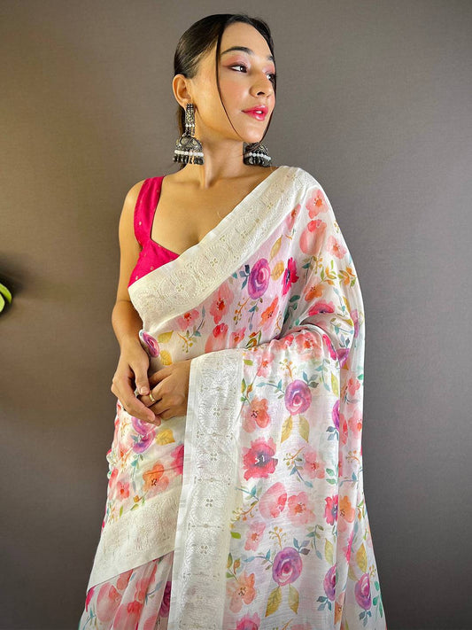 Multicolor Flower Digital Print Saree by My Store