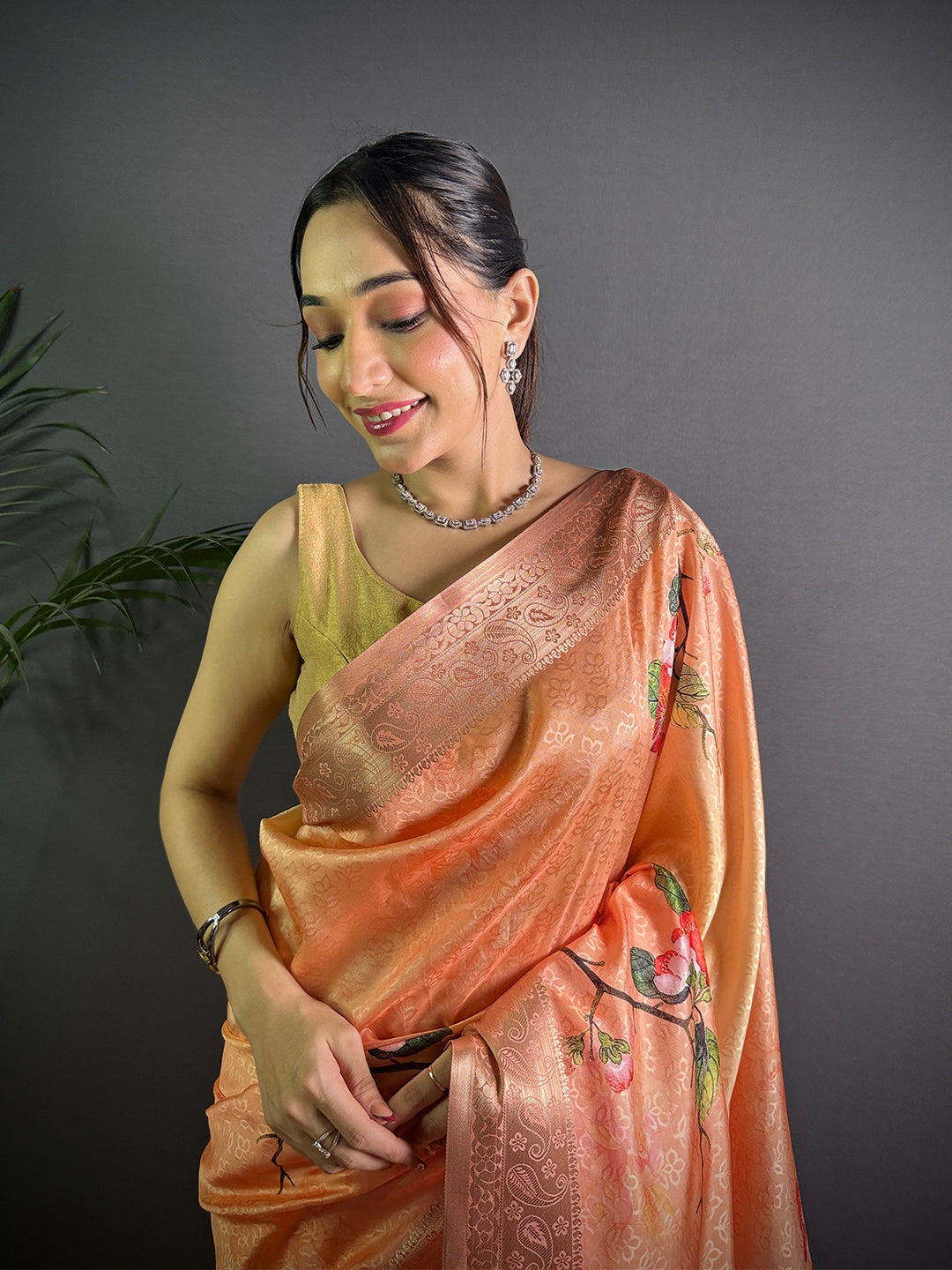 Peach Soft Organza Silk Floral Saree by My Store