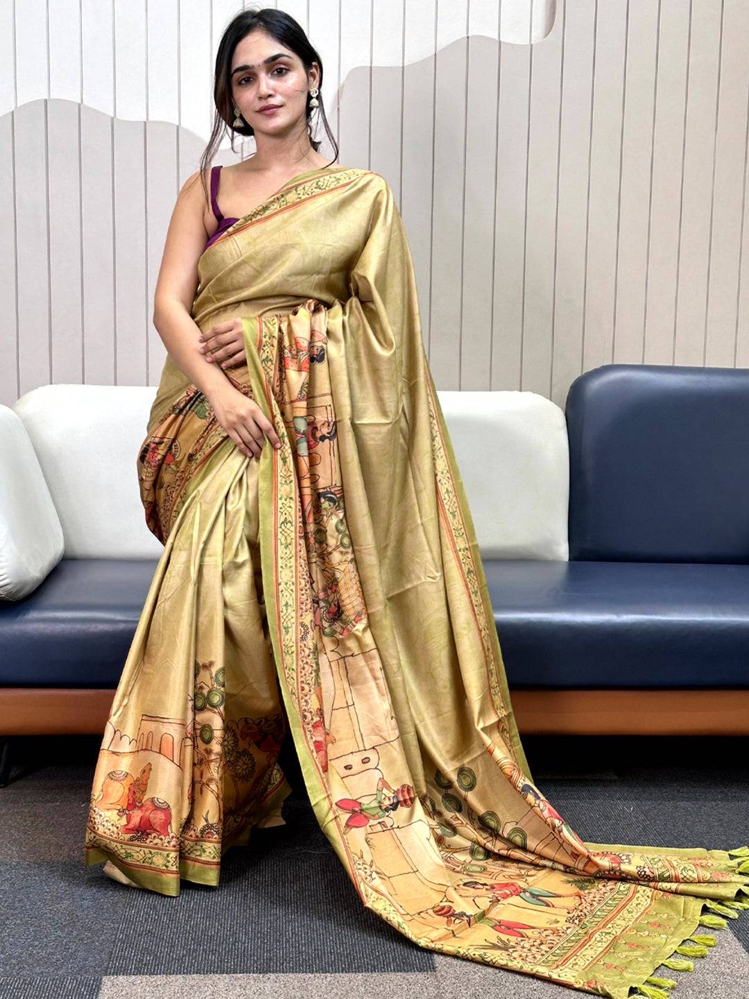 Light Green Free Hand Kalamkari Print Saree by My Store