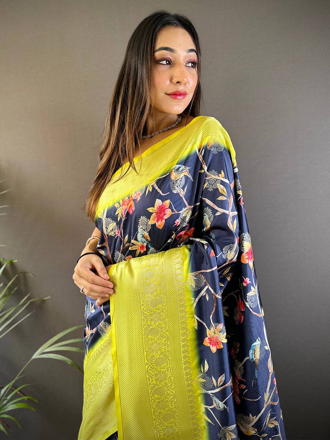 Navy Blue Floral Brids Print Saree by My Store