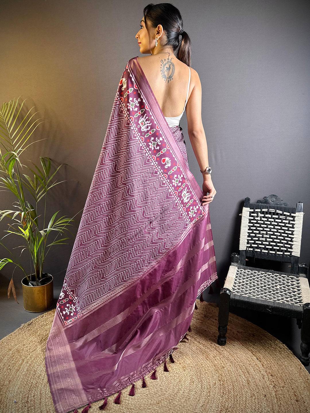 Dark Burgundy Zig Zag Kalamkari Kanchi Silk Saree by My Store