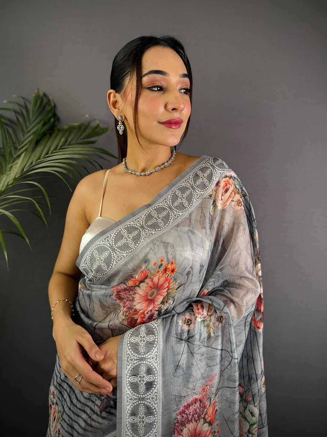 Grey Lakhnavi Linen Digital Print Saree by My Store