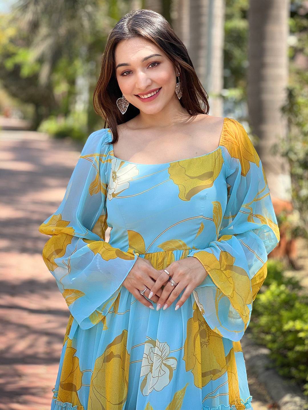 Sky Blue Floral Print Dress by My Store