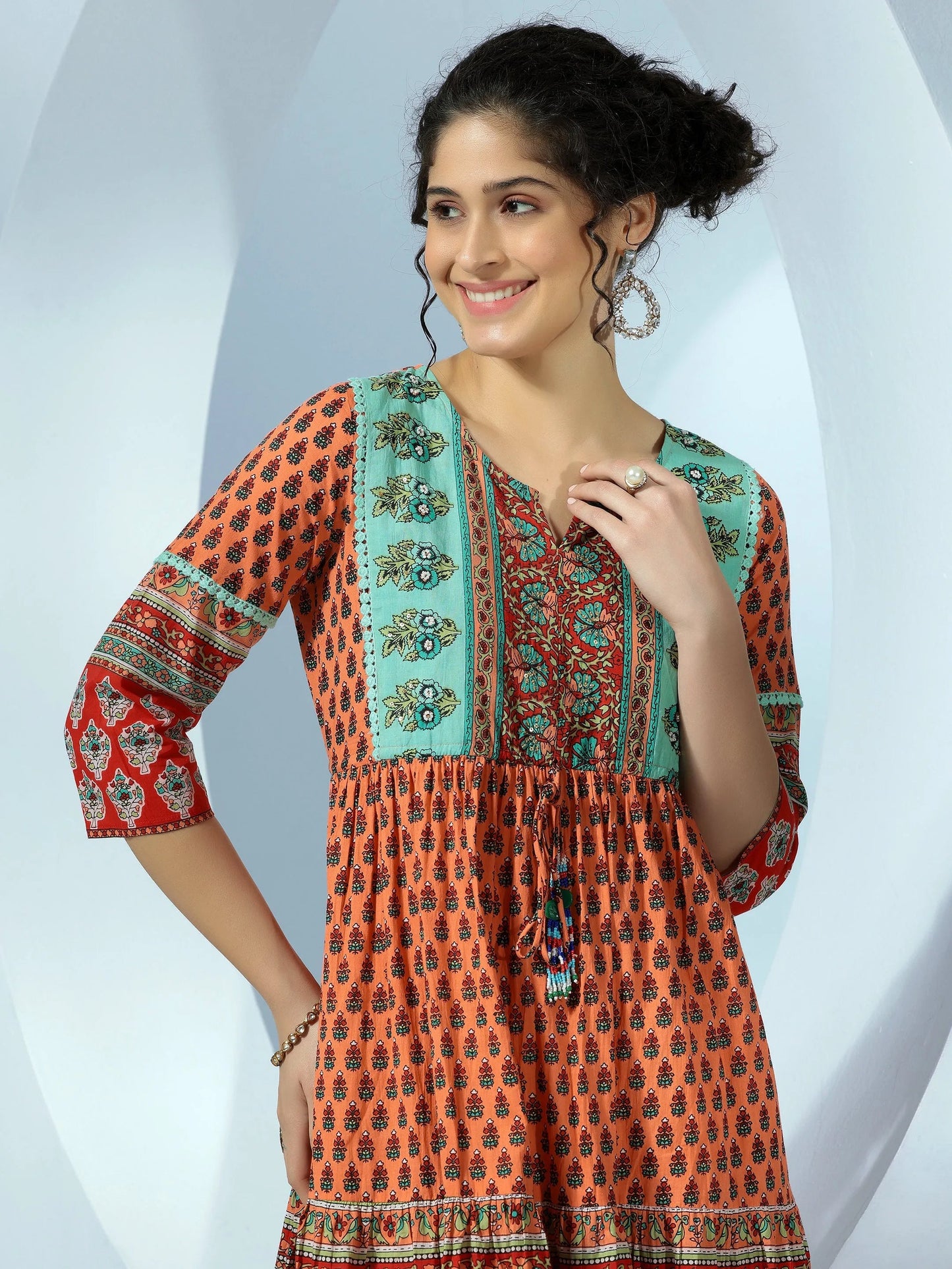 Orange Printed Fit and Flare Cotton Dress by My Store