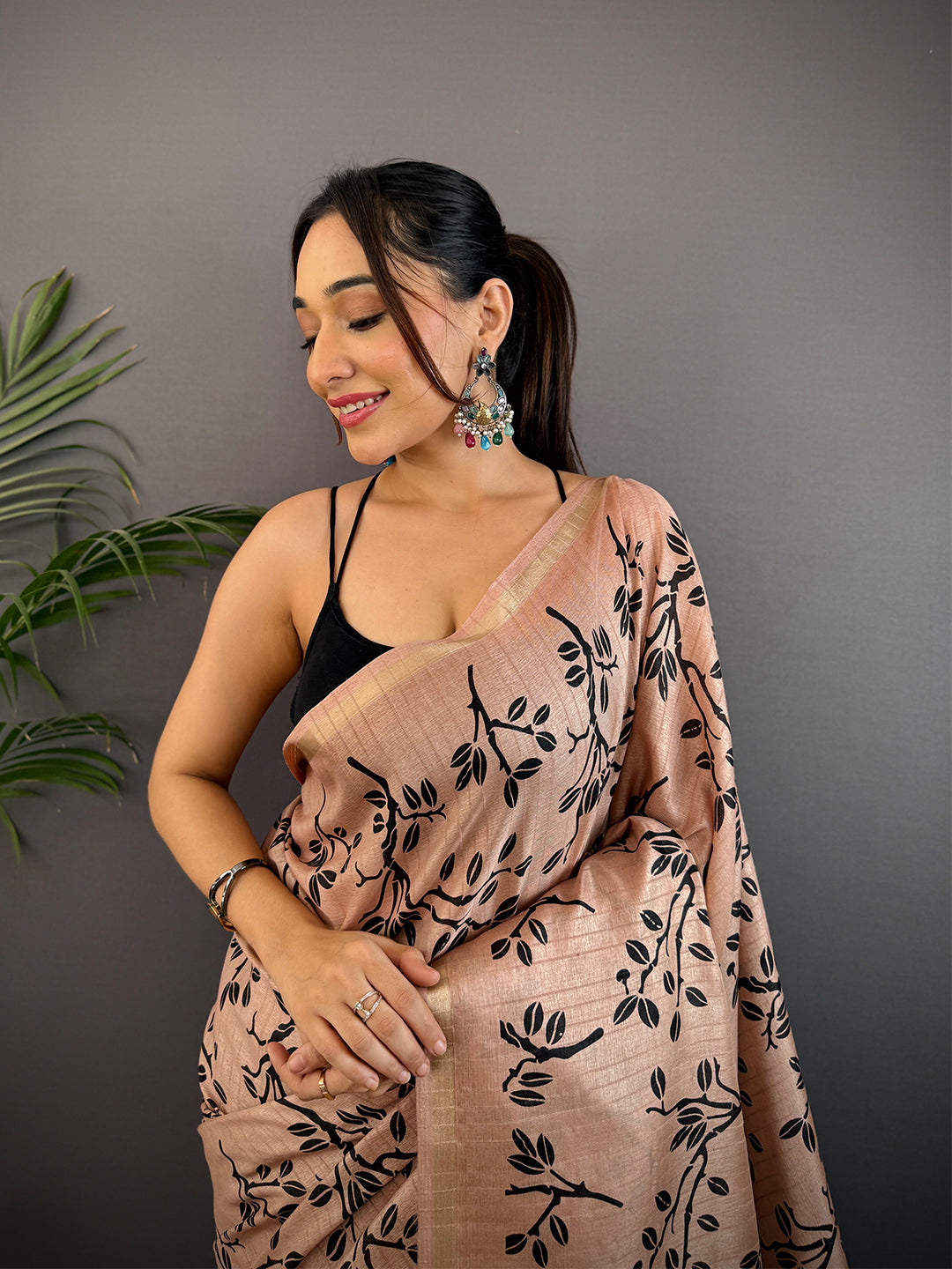 Peach Ghicha Leaf Print Saree by My Store