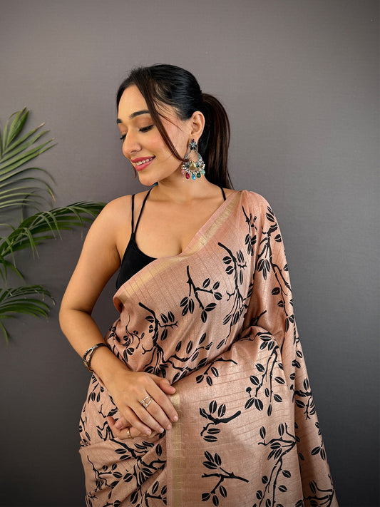 Peach Ghicha Leaf Print Saree by My Store